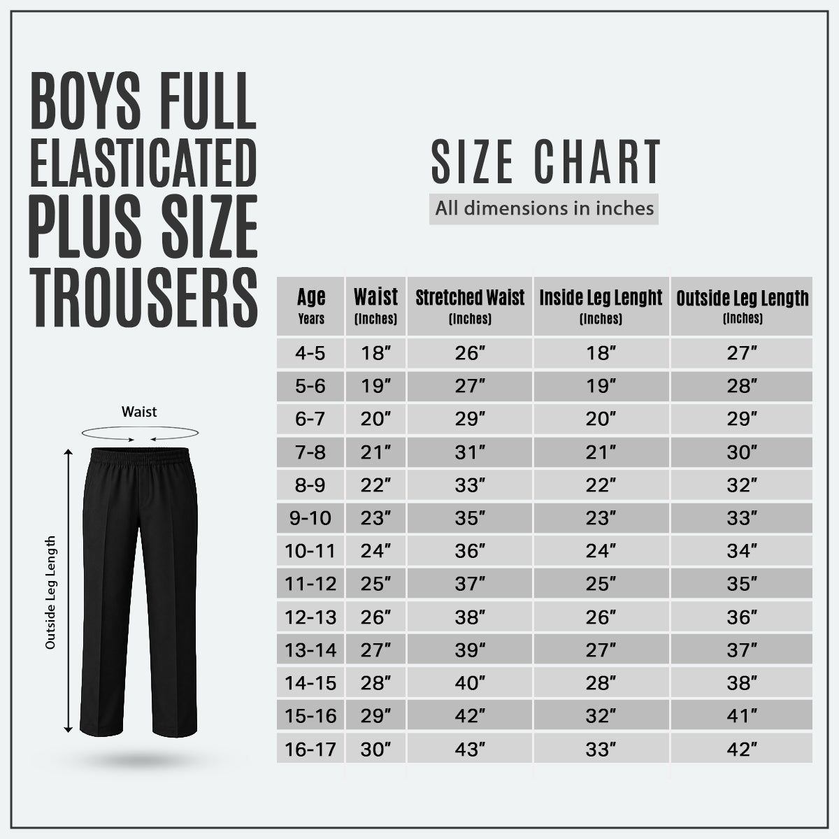 Black Plus Size Full Elastic Boys School Trouser
