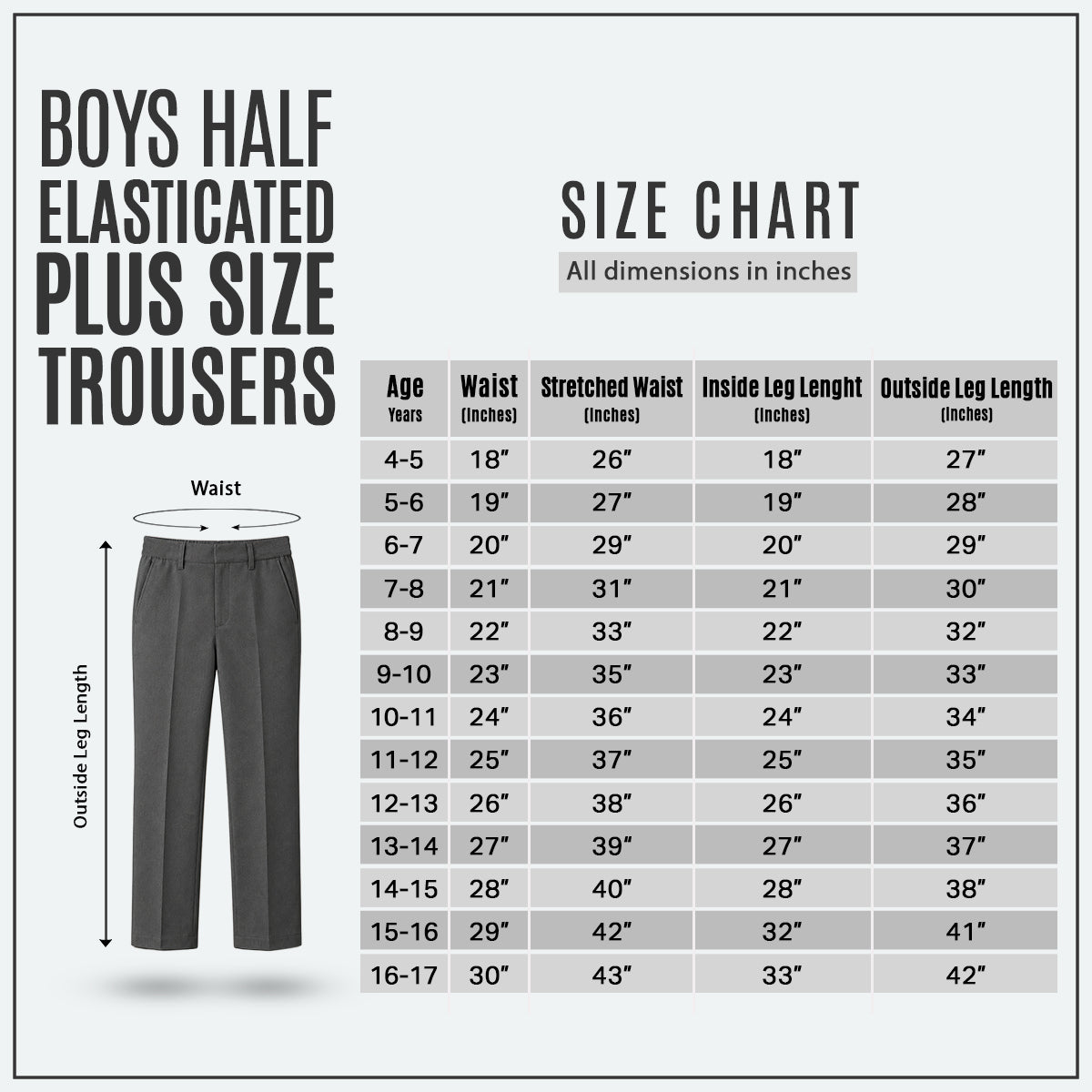 Grey Plus Size Half Elastic With Zip & Clip Boys School Trouser