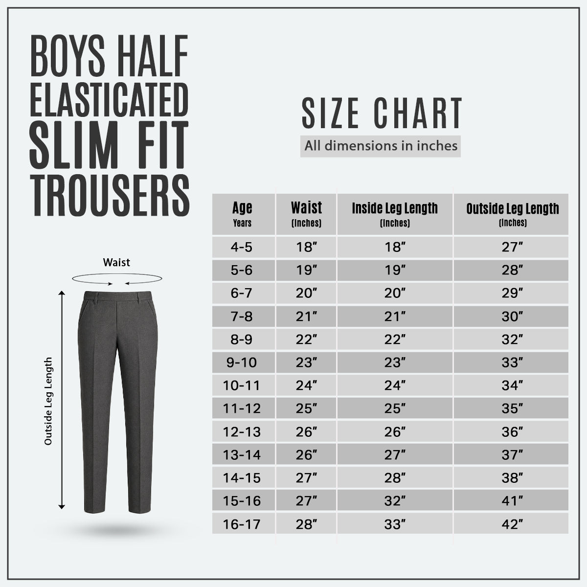 Pack of 2 Grey Slim Fit Half Elastic Pull Up Boys School Trousers