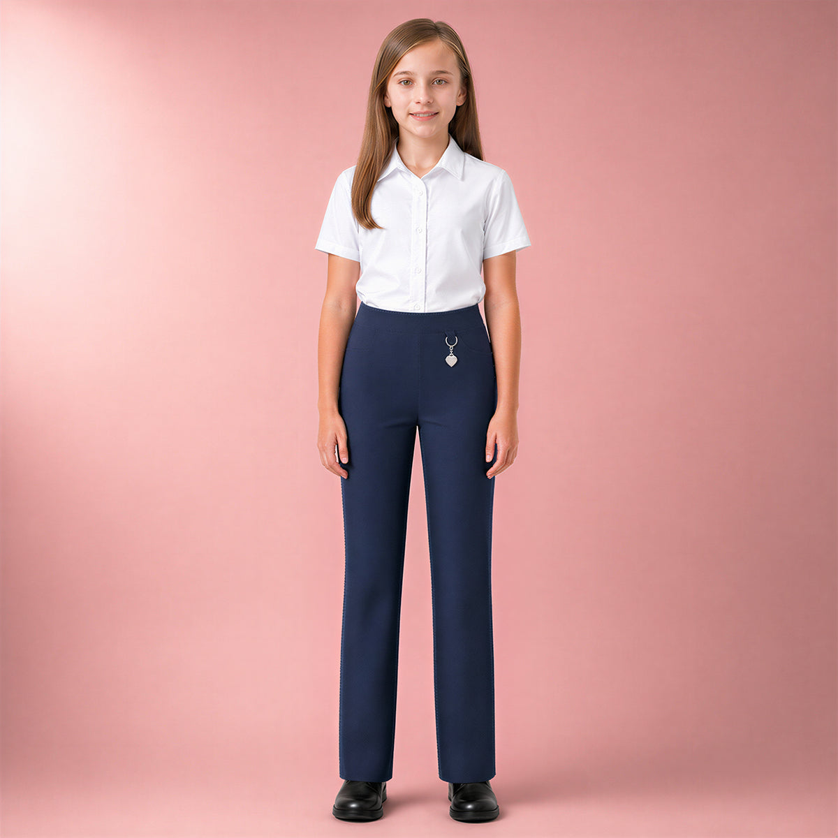 Navy Pull-On School Trousers – Half Elasticated Waist with Heart Pendant