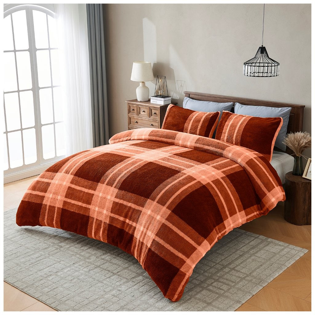 Liam Check Printed Teddy Duvet Cover Set | 6 Colours