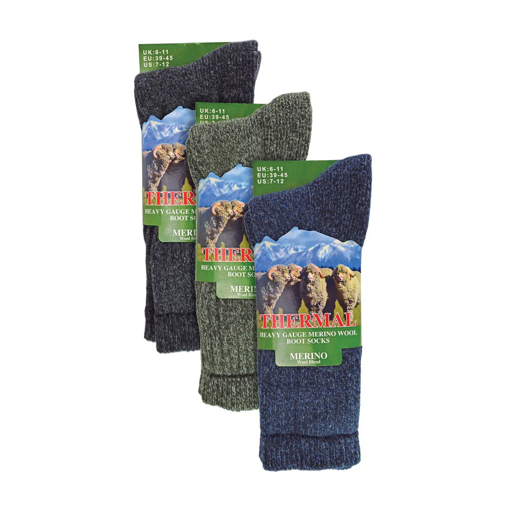 Men’s Thermal Merino Wool Boot Socks | Size 6 - 11 | 6 Pairs