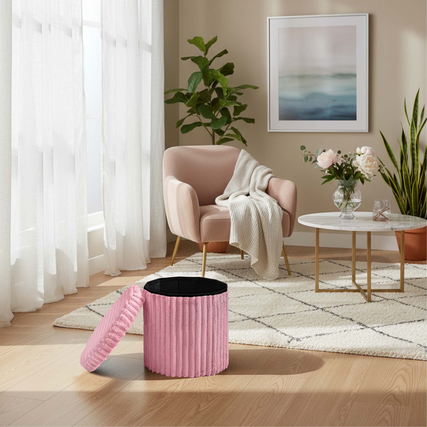 Round Ribbed Ottoman Storage Box | 40 x 40 x 37CM | 5 Colours