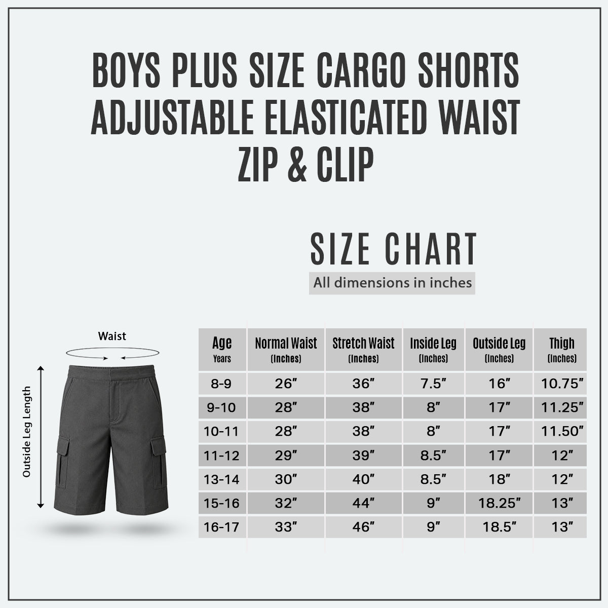 Grey Plus Size Adjustable Waist Cargo Shorts | Zip & Clip