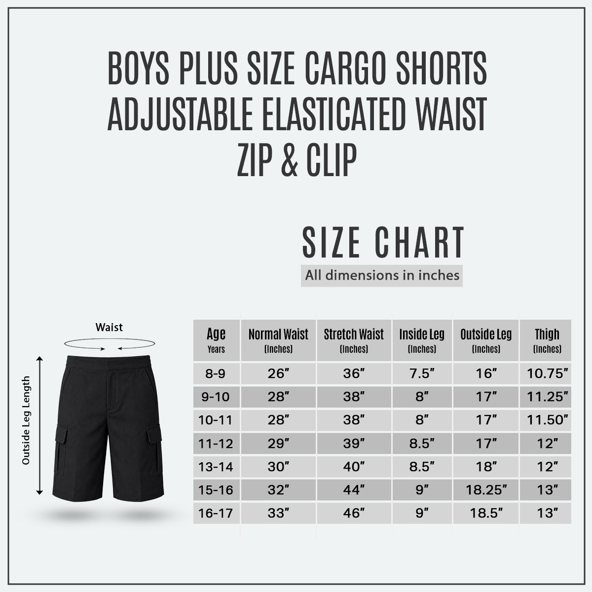 Black Plus Size Adjustable Waist Cargo Shorts | Zip & Clip