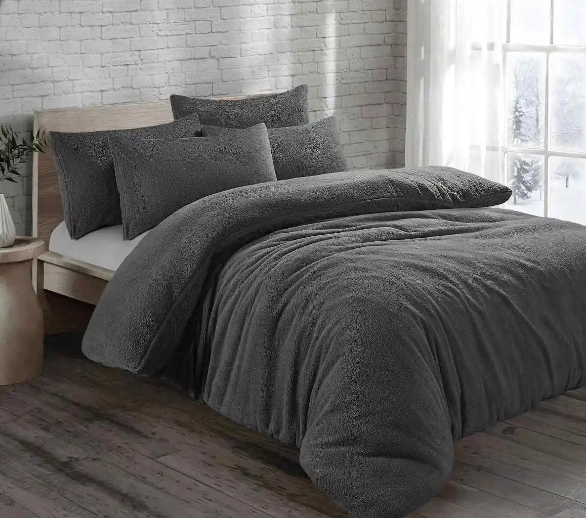 Teddy Fleece Duvet Cover Set Charcoal