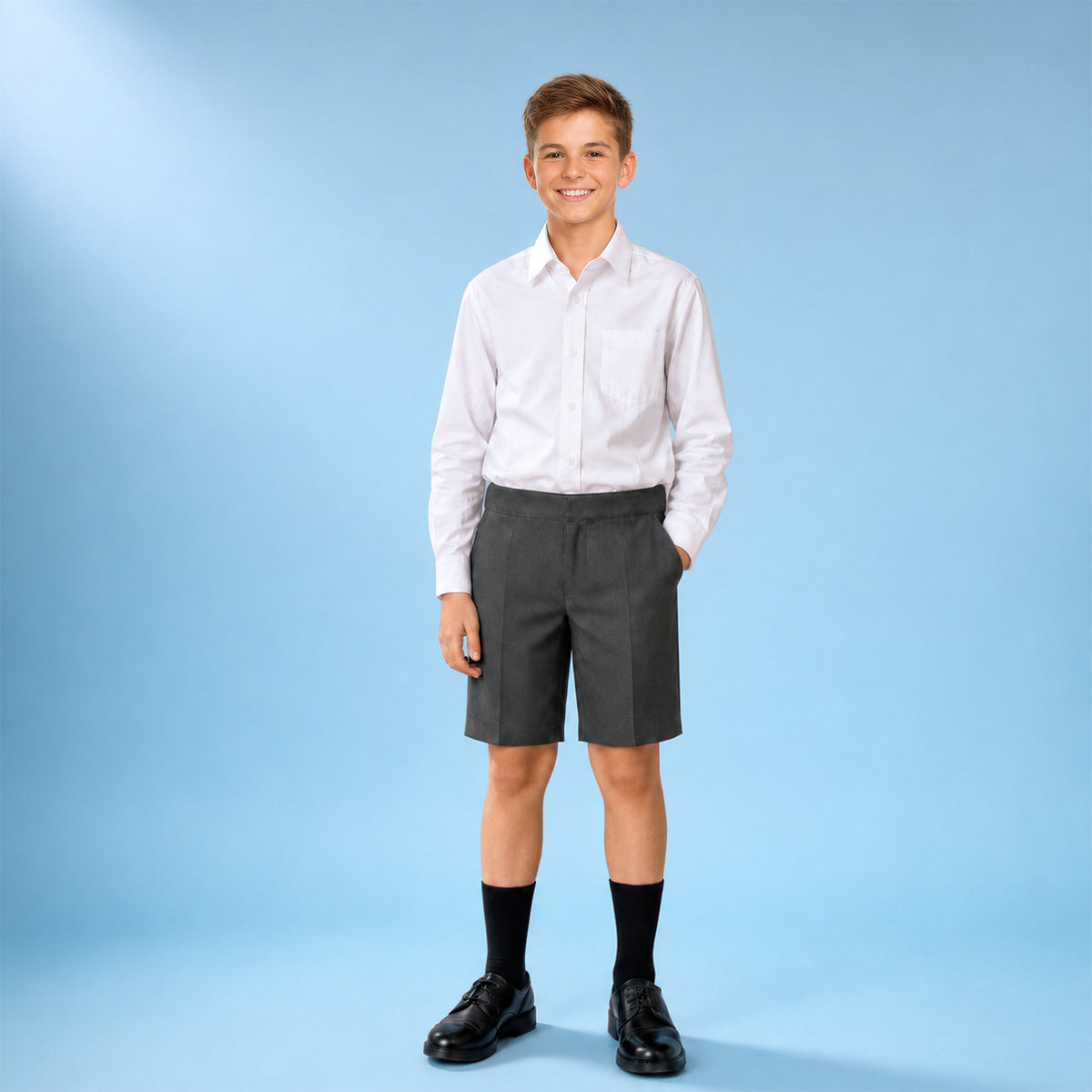 Pack of 2 Grey Half Elastic Zip & Clip Boys School Shorts