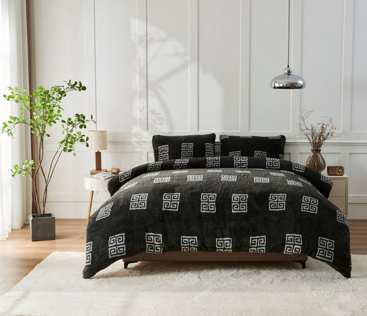 Greekey Charcoal Teddy Fleece Duvet Cover Set