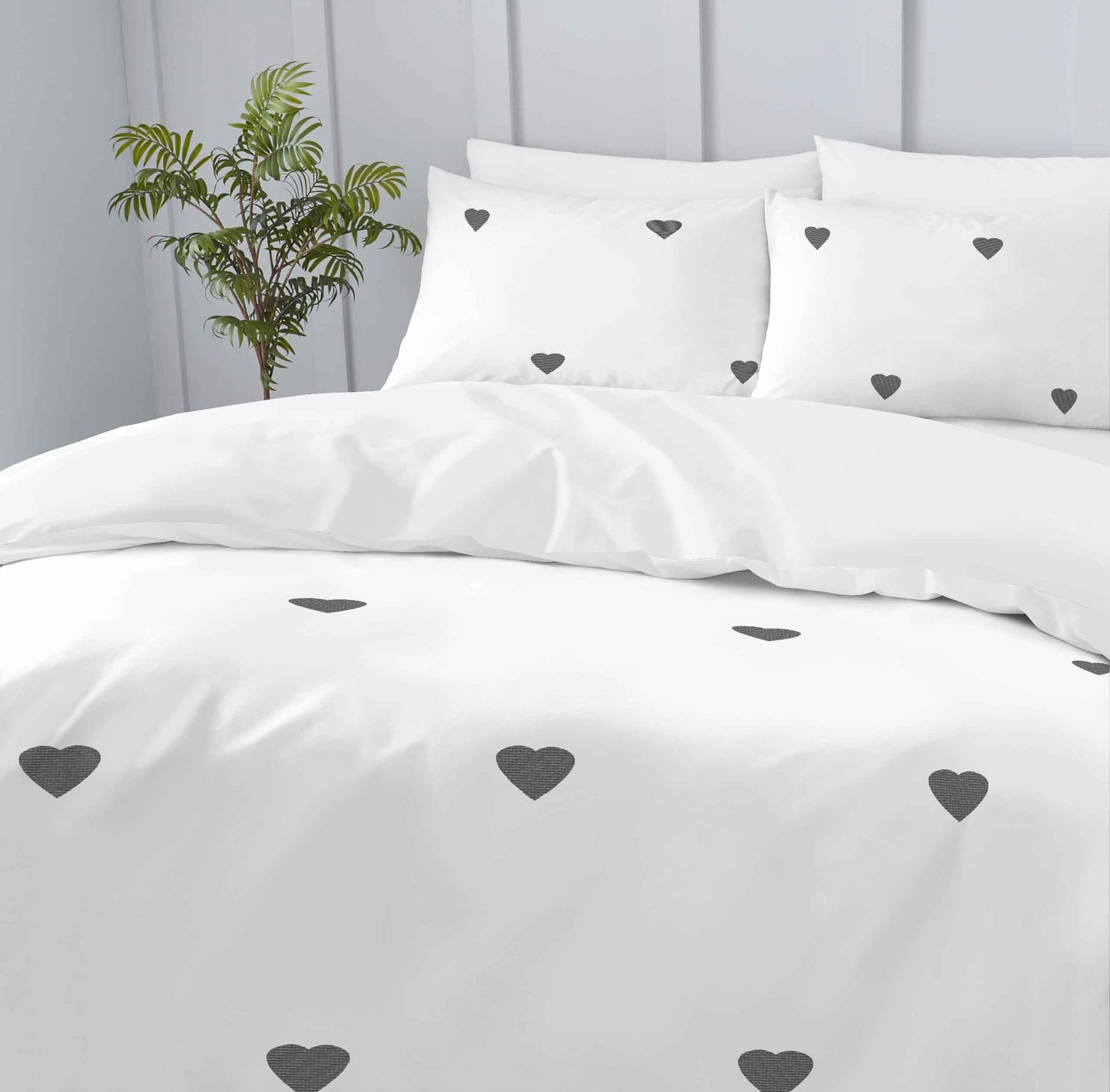 Embroidered Hearts Duvet Cover Set | White/Charcoal