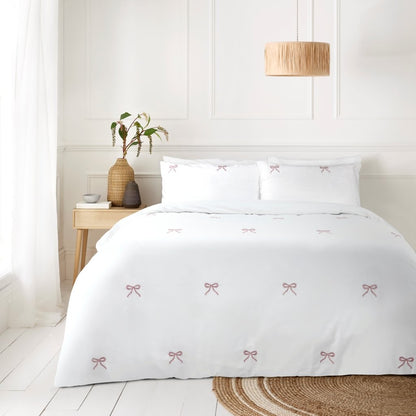 Bows Embroidered Duvet Cover Set | Grey & Pink