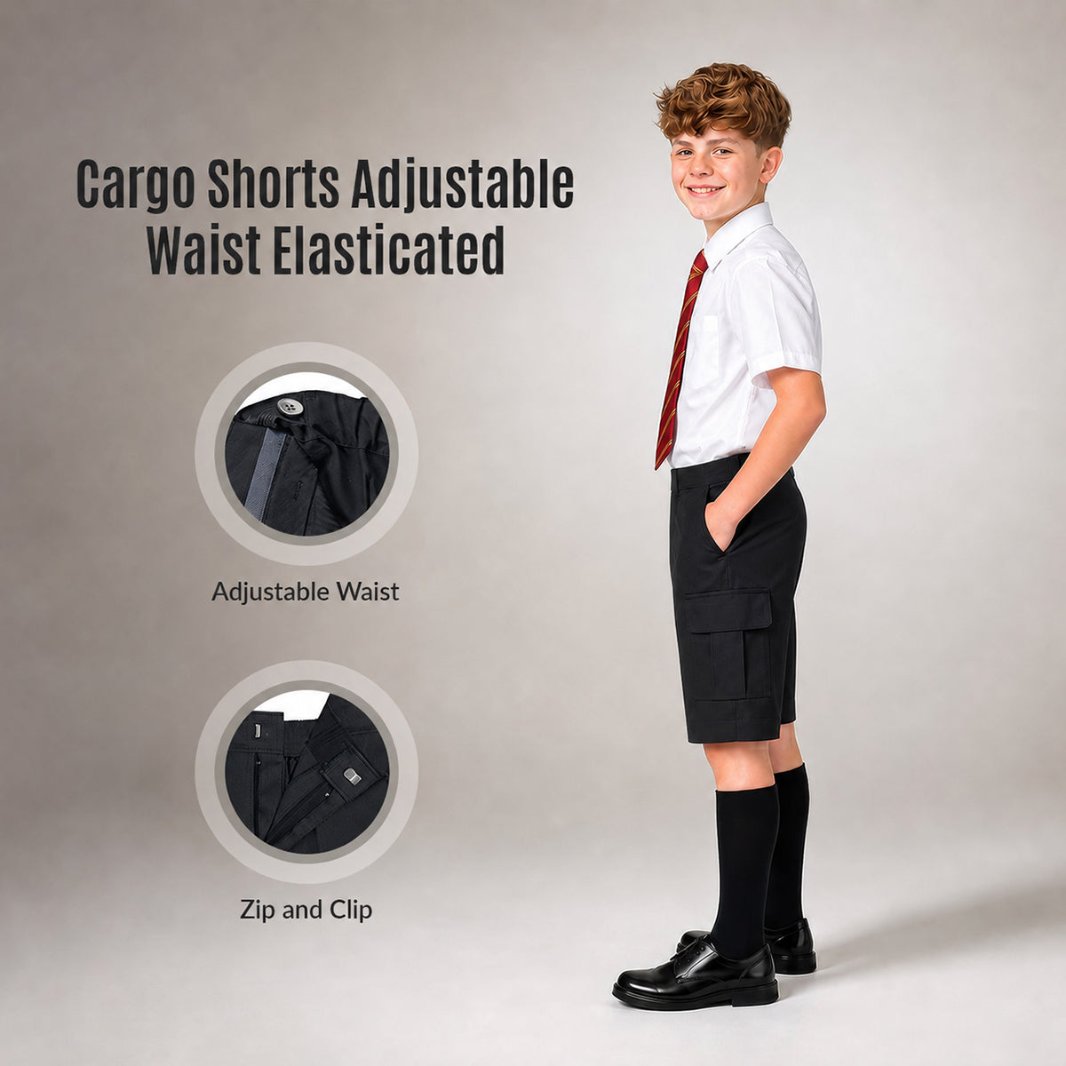 Black Adjustable Waist Cargo School Shorts | Zip & Clip