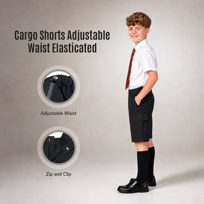 Black Adjustable Waist Cargo School Shorts | Zip & Clip
