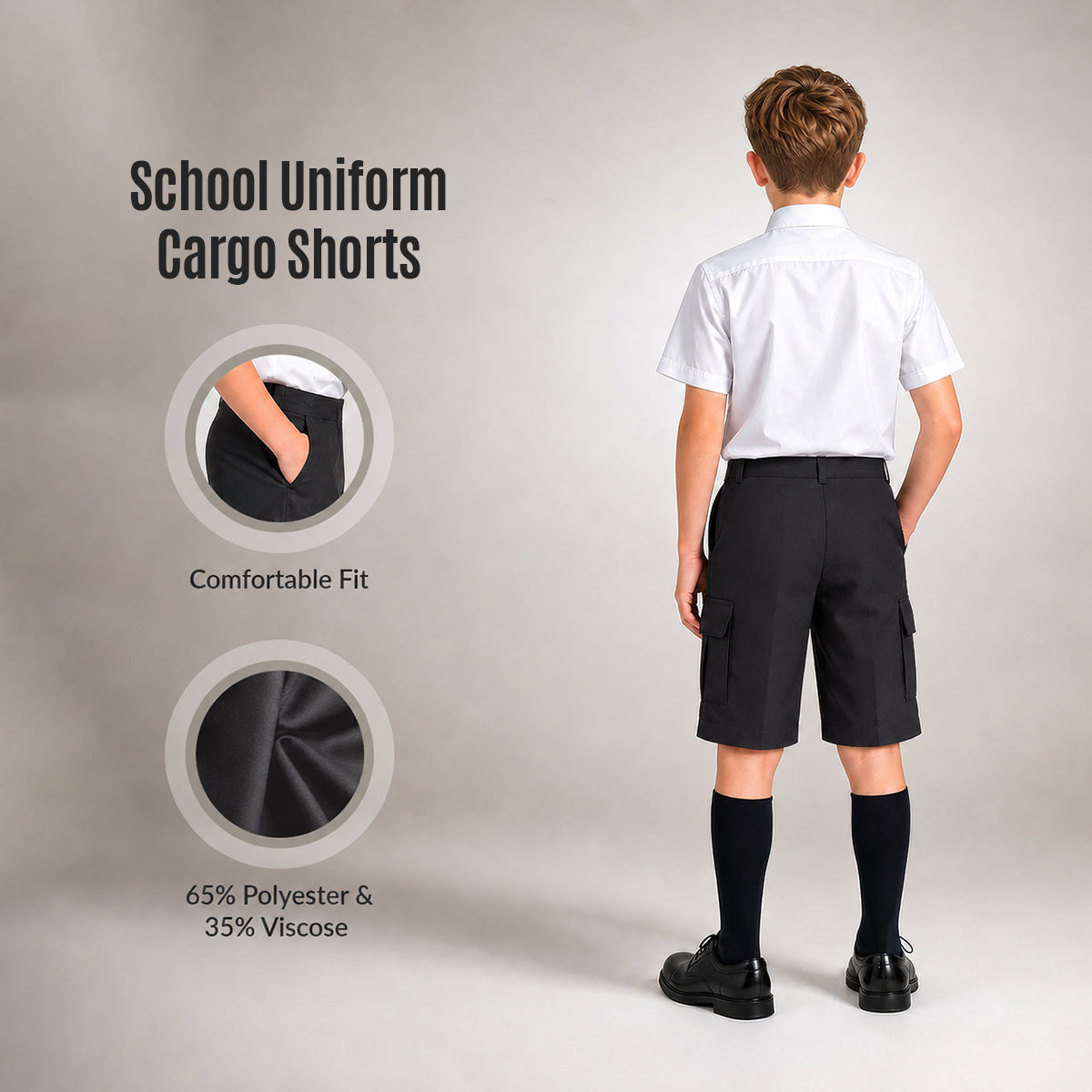 Black Adjustable Waist Cargo School Shorts | Zip & Clip