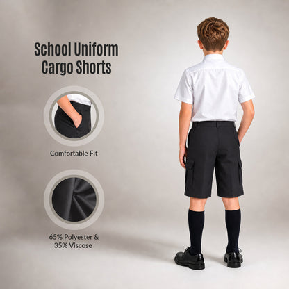 Black Adjustable Waist Cargo School Shorts | Zip & Clip
