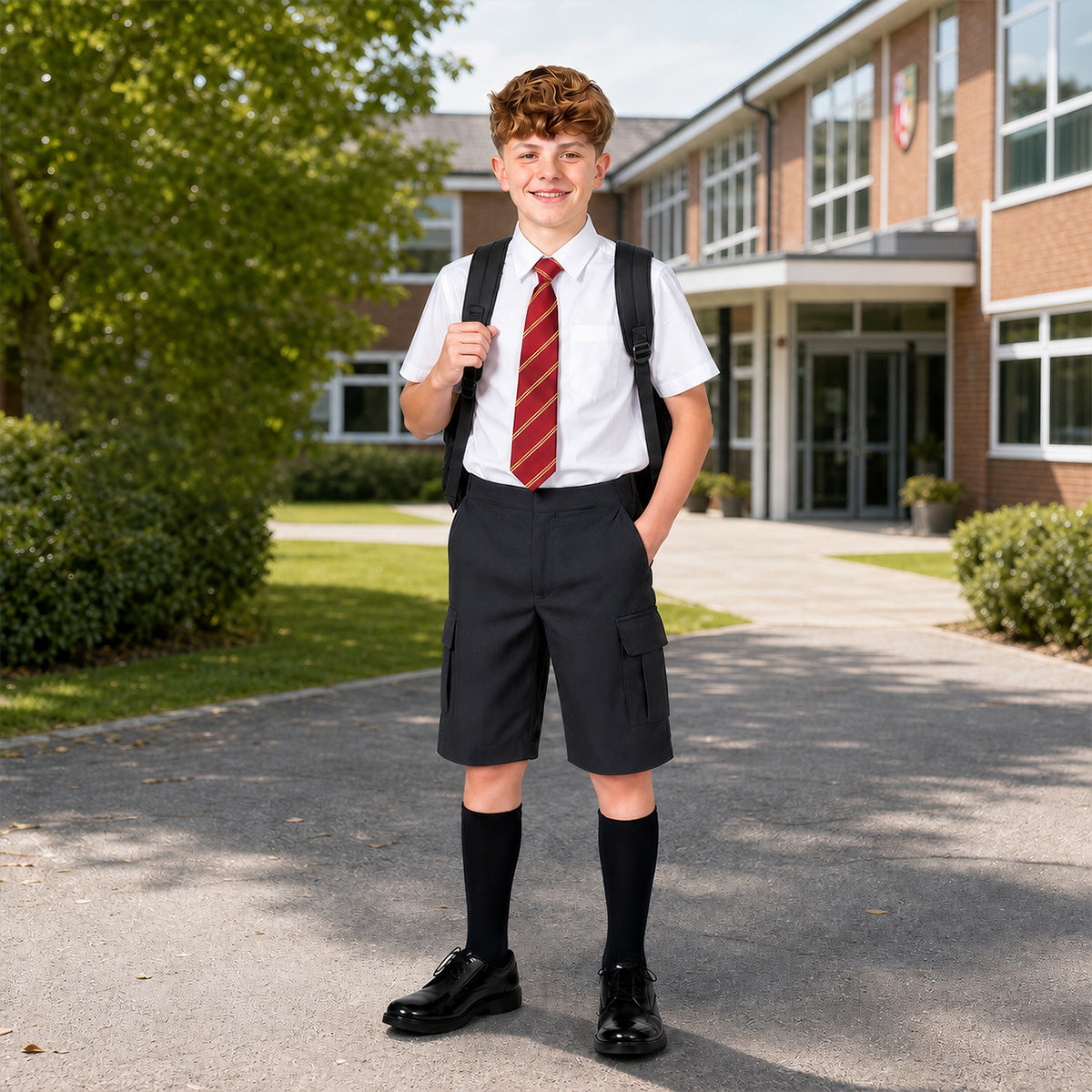 Black Adjustable Waist Cargo School Shorts | Zip & Clip