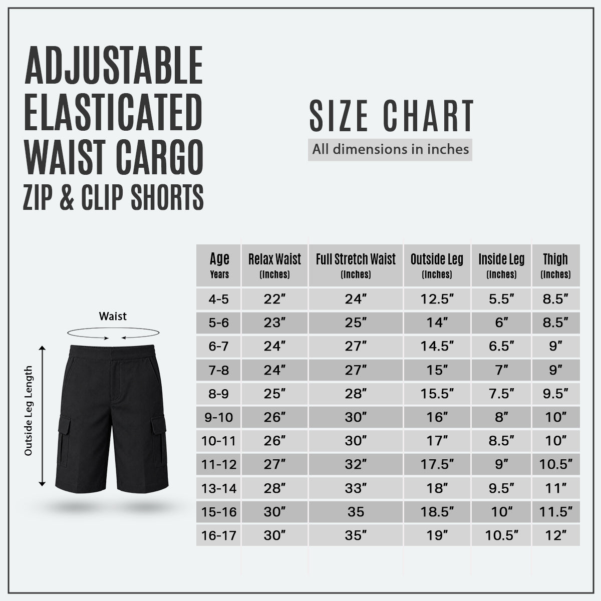 Black Adjustable Waist Cargo School Shorts | Zip & Clip