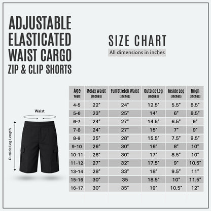 Black Adjustable Waist Cargo School Shorts | Zip & Clip