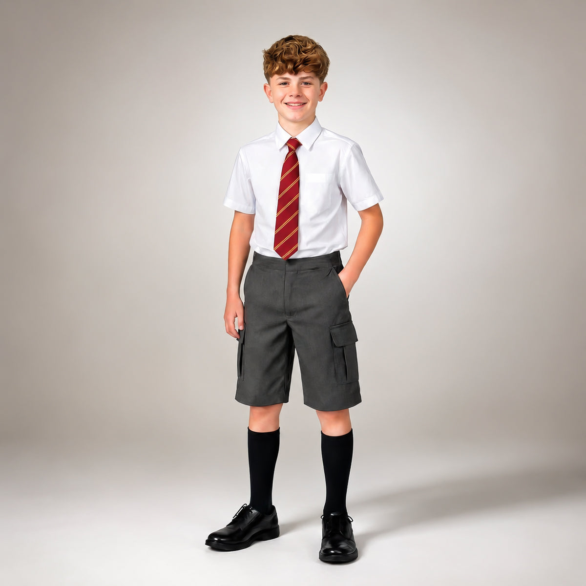 Grey Adjustable Waist Cargo School Shorts | Zip & Clip