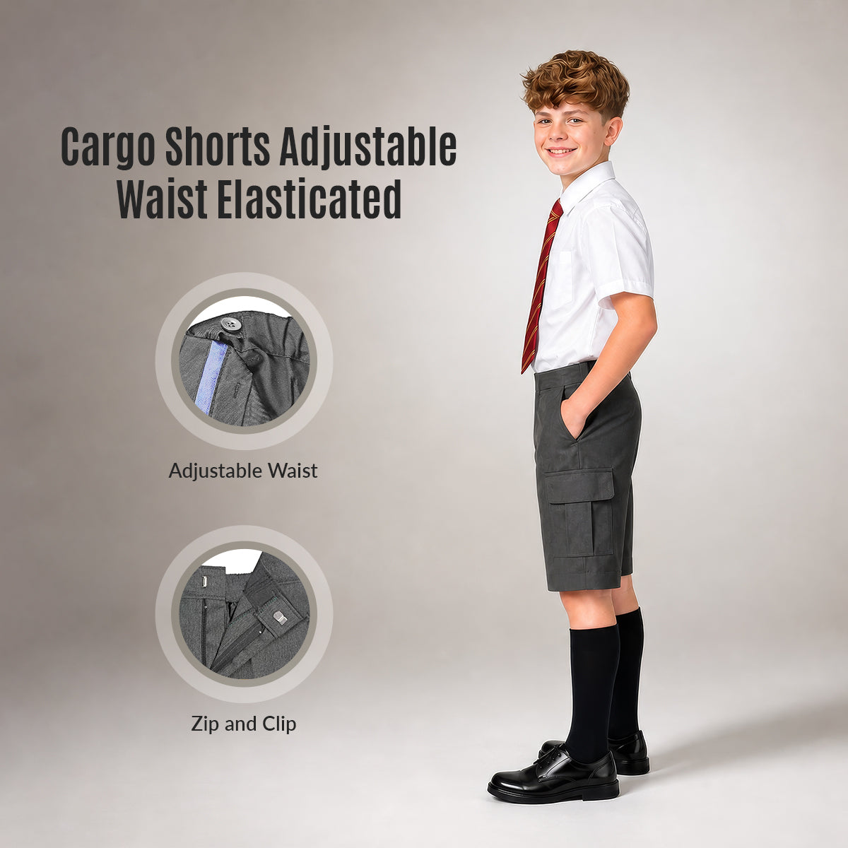 Grey Adjustable Waist Cargo School Shorts | Zip & Clip