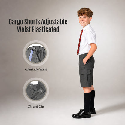 Grey Adjustable Waist Cargo School Shorts | Zip & Clip