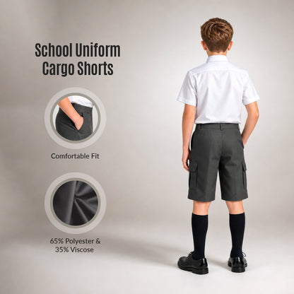 Grey Adjustable Waist Cargo School Shorts | Zip & Clip