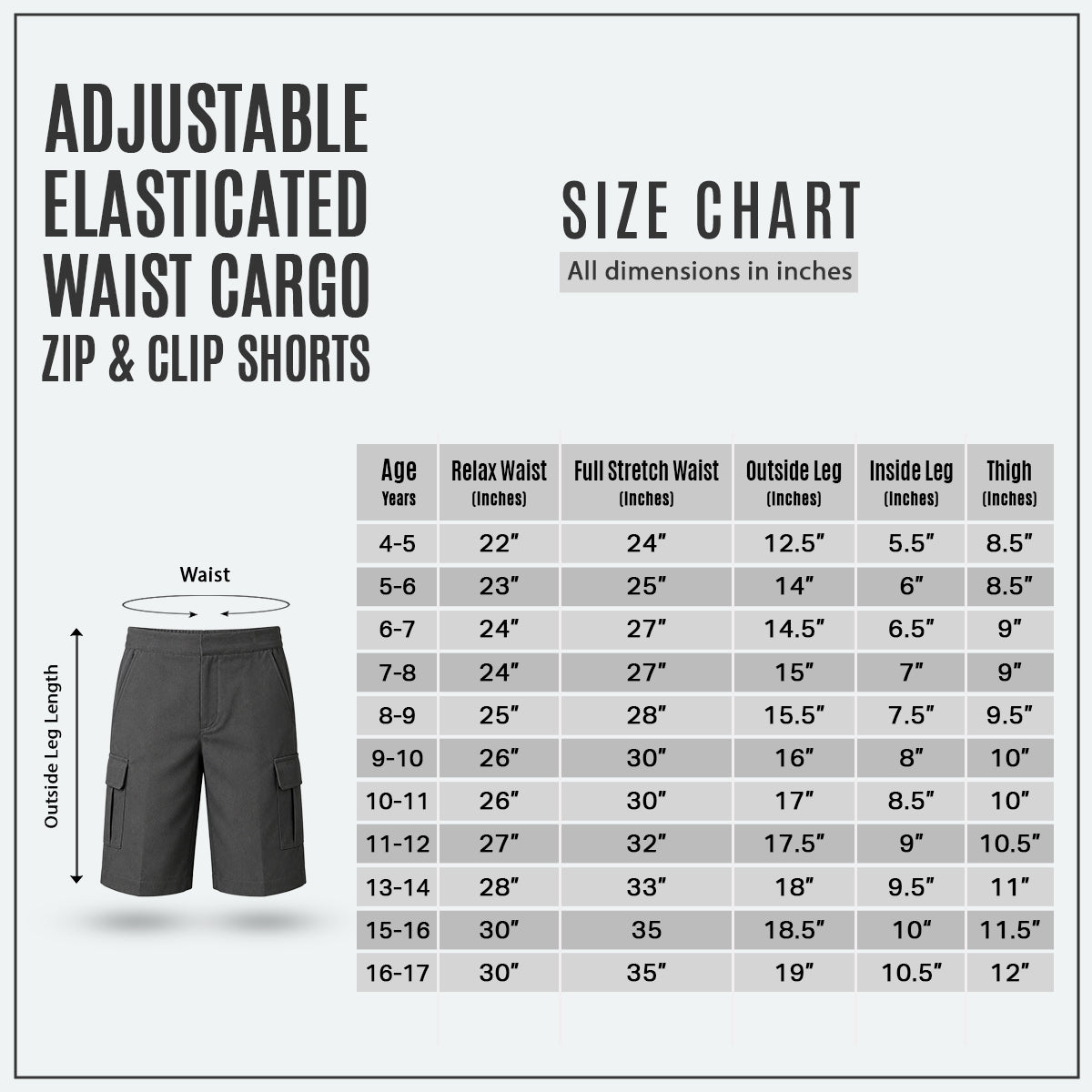 Grey Adjustable Waist Cargo School Shorts | Zip & Clip