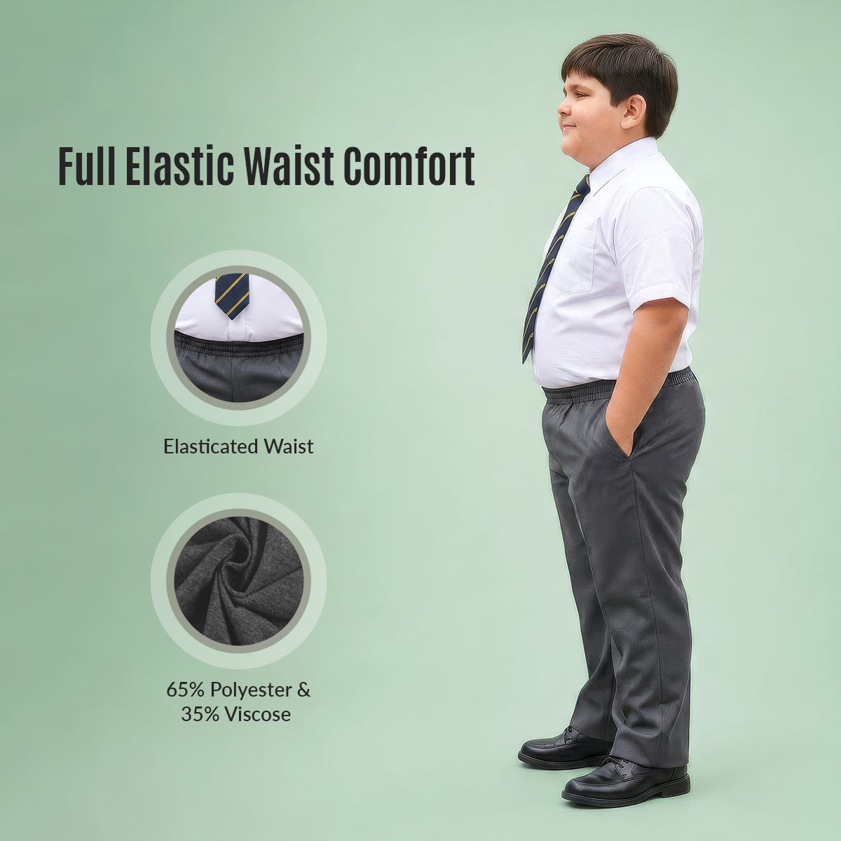 Grey Plus Size Full Elastic Boys School Trouser