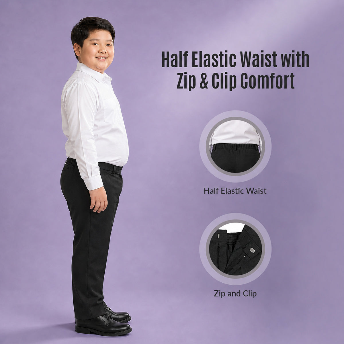 Pack of 2 Black Plus Size Half Elastic With Zip & Clip Boys School Trousers