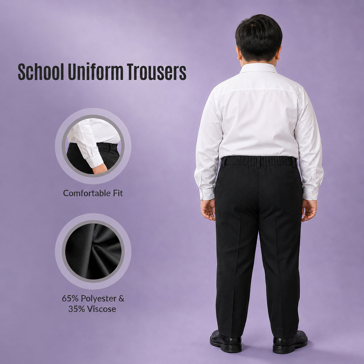 Pack of 2 Black Plus Size Half Elastic With Zip & Clip Boys School Trousers