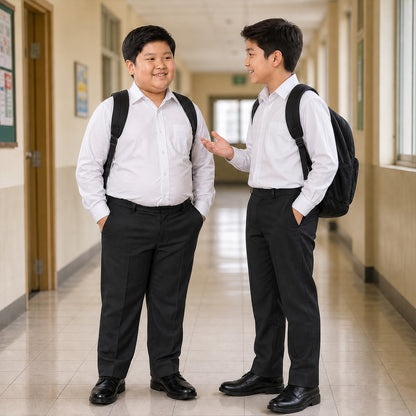 Pack of 2 Black Plus Size Half Elastic With Zip & Clip Boys School Trousers