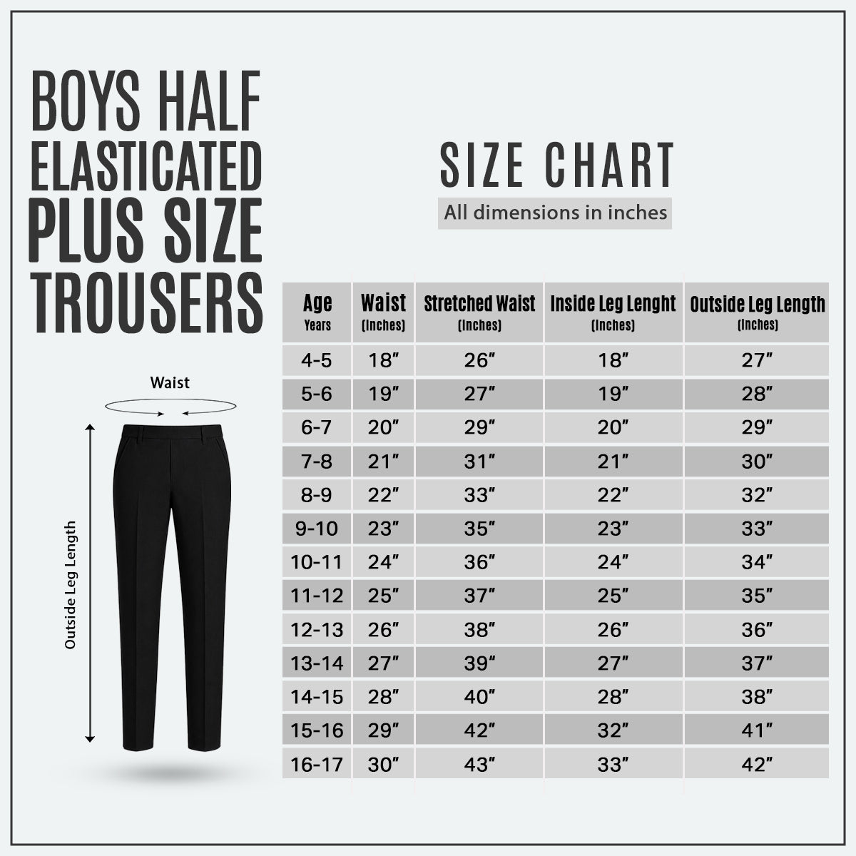 Black Plus Size Half Elastic Pull Up Boys School Trouser