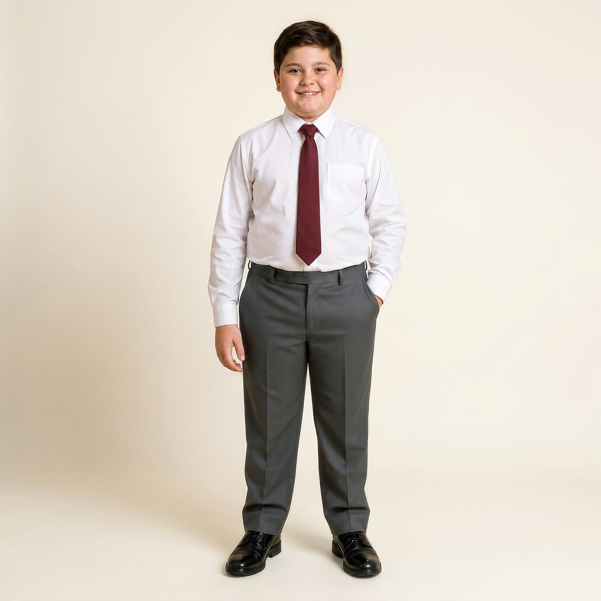 Grey Plus Size Half Elastic Pull Up Boys School Trouser