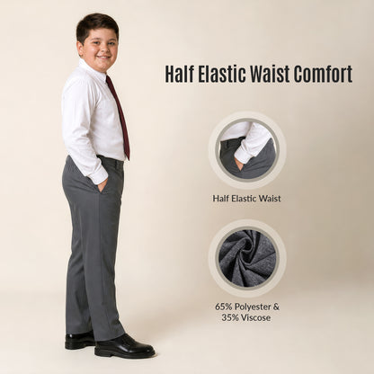 Grey Plus Size Half Elastic Pull Up Boys School Trouser