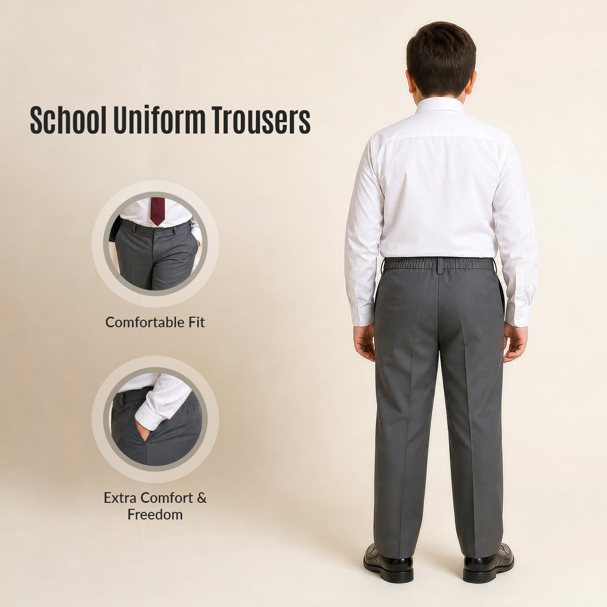Grey Plus Size Half Elastic Pull Up Boys School Trouser