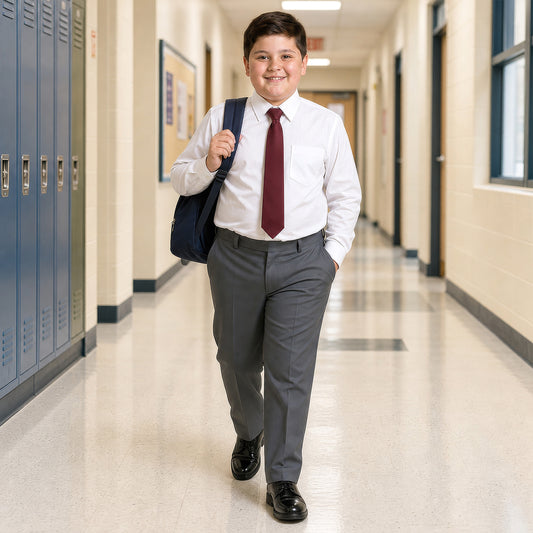 Grey Plus Size Half Elastic Pull Up Boys School Trouser