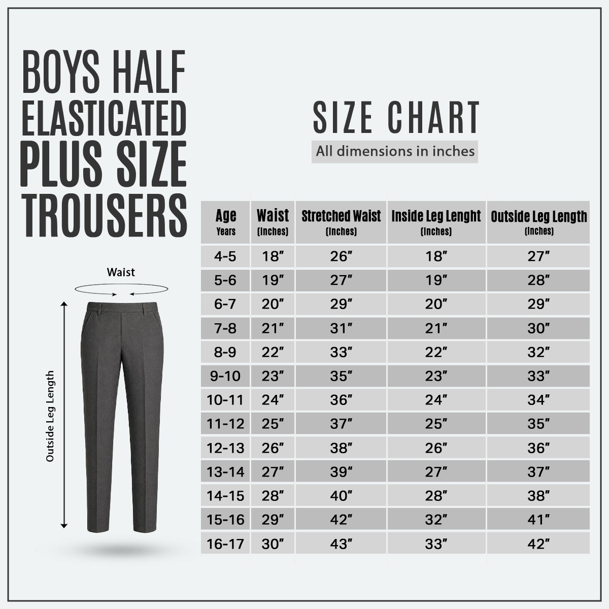 Grey Plus Size Half Elastic Pull Up Boys School Trouser
