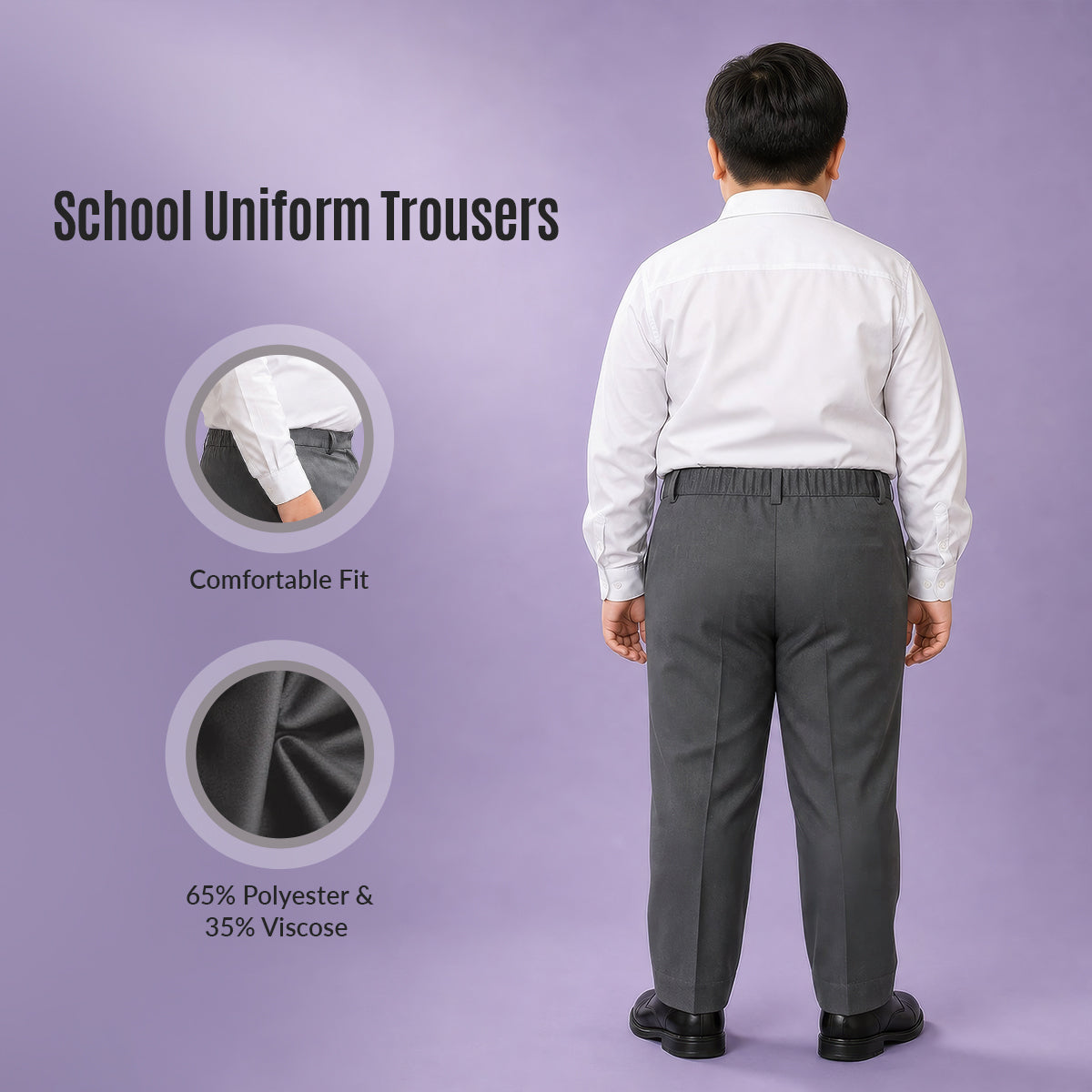 Grey Plus Size Half Elastic With Zip & Clip Boys School Trouser