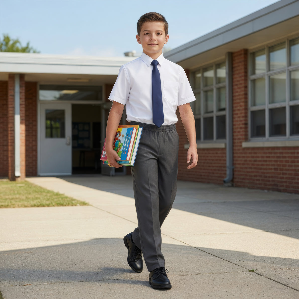 Grey Slim Fit Full Elastic Boys School Trouser