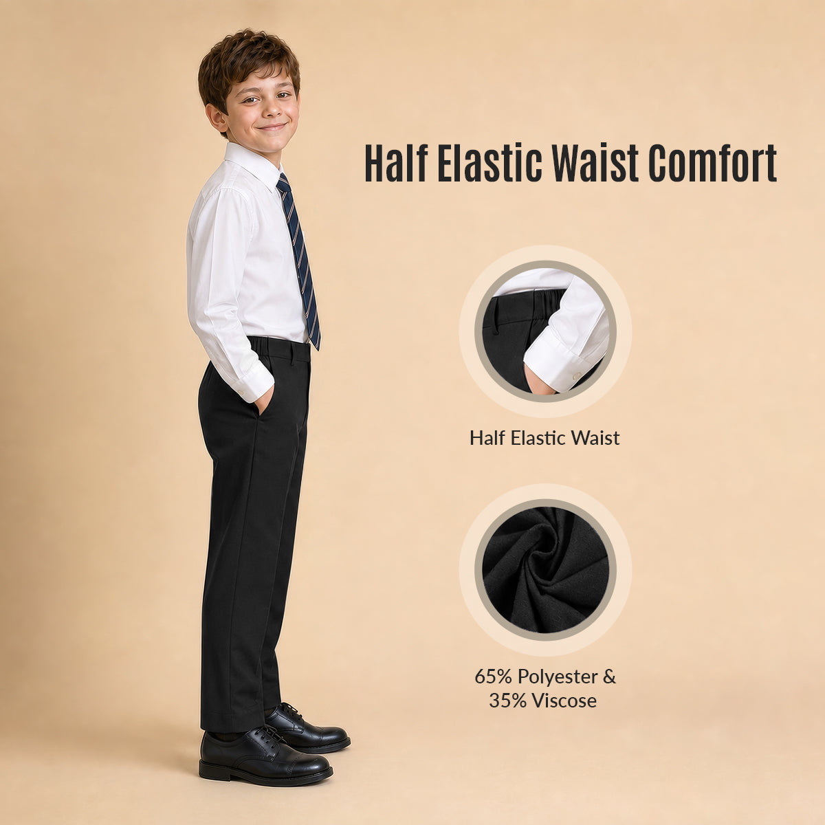 Pack of 2 Black Slim Fit Half Elastic Pull Up Boys School Trousers