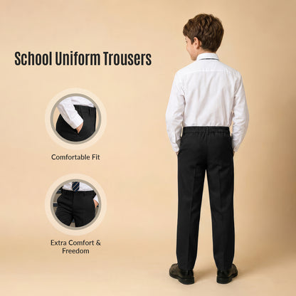 Pack of 2 Black Slim Fit Half Elastic Pull Up Boys School Trousers