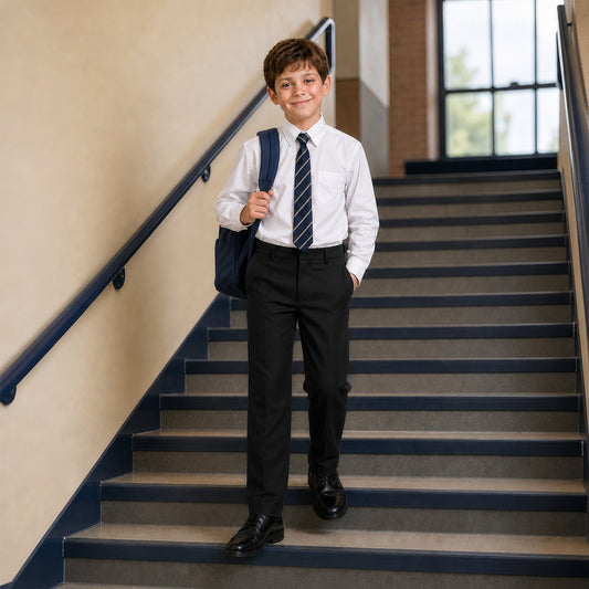 Black Slim Fit Half Elastic Pull Up Boys School Trouser