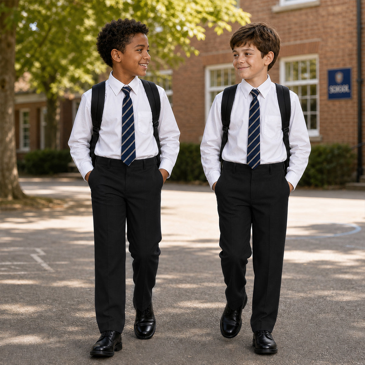 Pack of 2 Black Slim Fit Half Elastic Pull Up Boys School Trousers