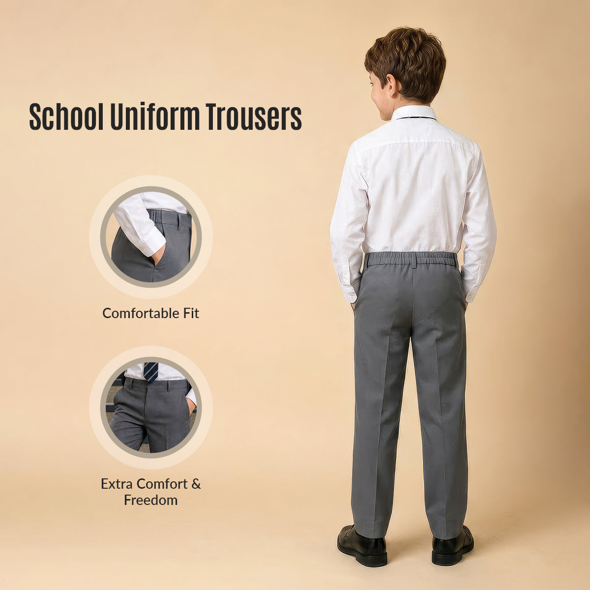 Pack of 2 Grey Slim Fit Half Elastic Pull Up Boys School Trousers