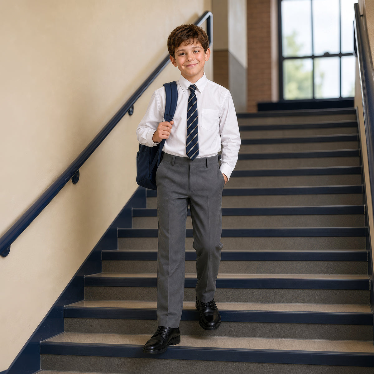 Grey Slim Fit Half Elastic Pull Up Boys School Trouser