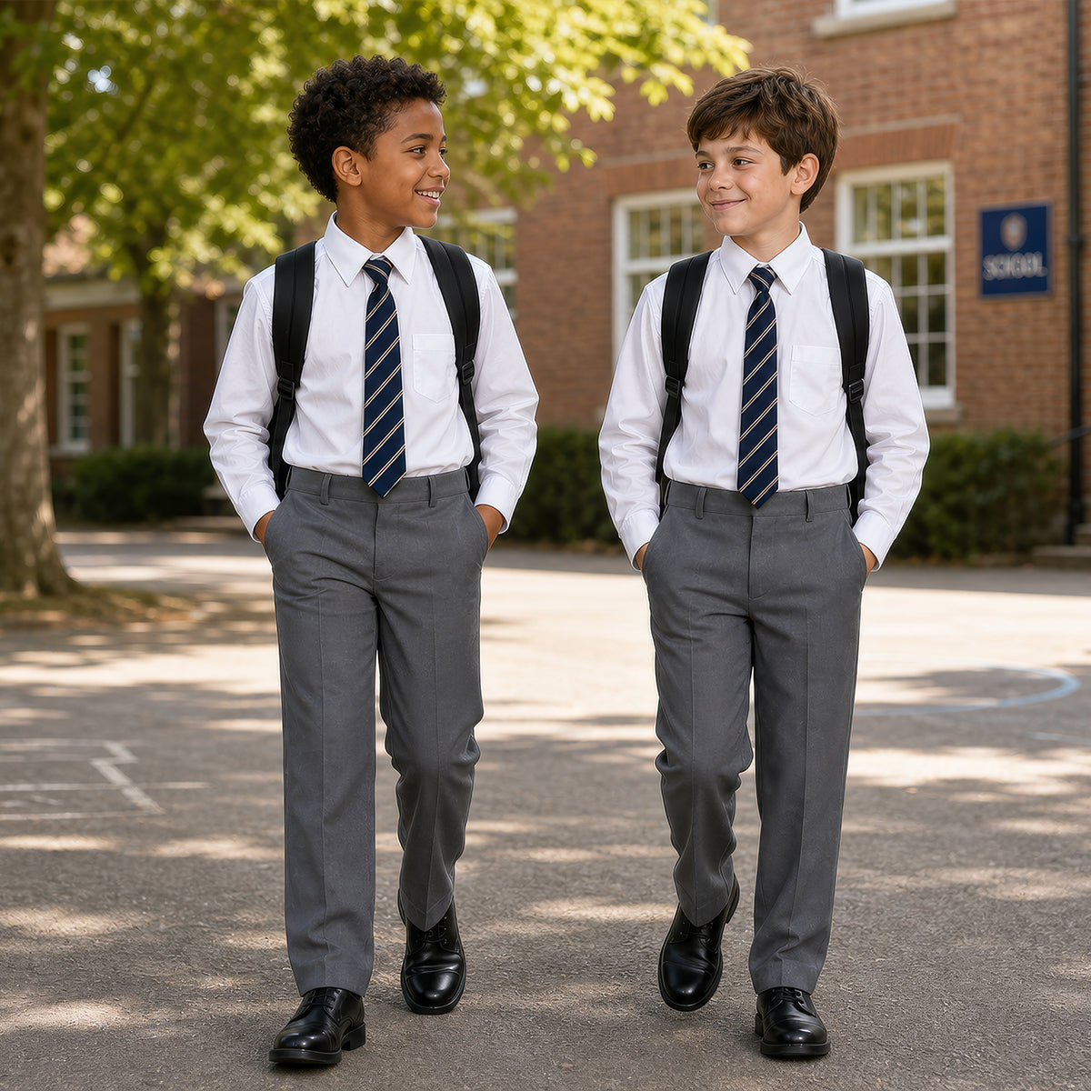 Pack of 2 Grey Slim Fit Half Elastic Pull Up Boys School Trousers