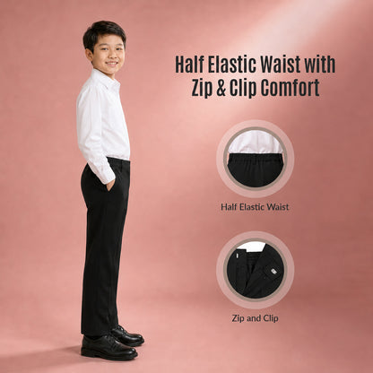 Black Slim Fit Half Elastic With Zip & Clip Boys School Trouser