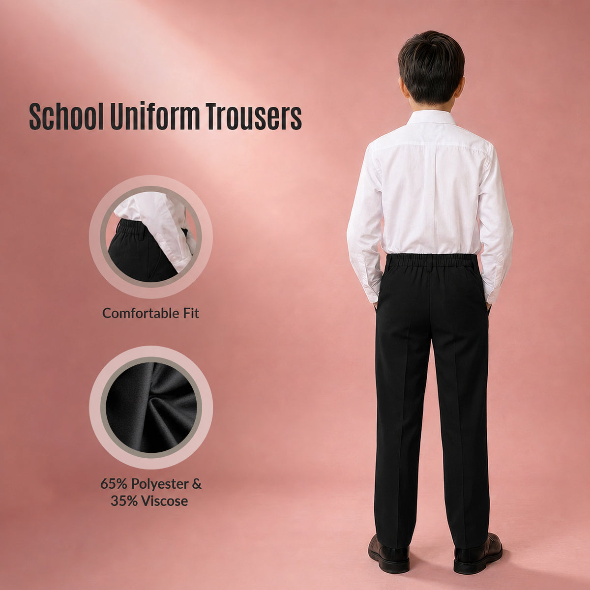 Black Slim Fit Half Elastic With Zip & Clip Boys School Trouser