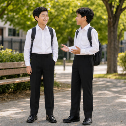 Pack of 2 Black Slim Fit Half Elastic With Zip & Clip Boys School Trousers