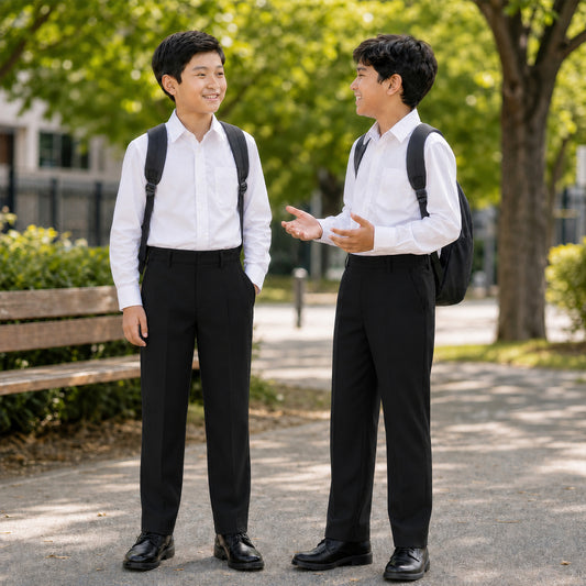 Pack of 2 Black Slim Fit Half Elastic With Zip & Clip Boys School Trousers