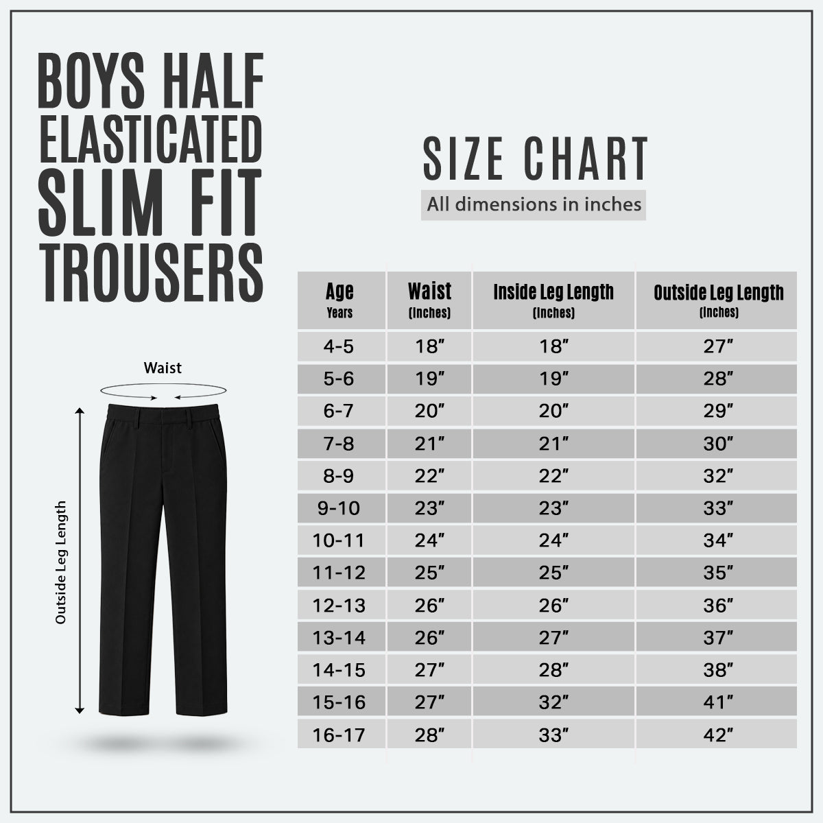 Black Slim Fit Half Elastic With Zip & Clip Boys School Trouser